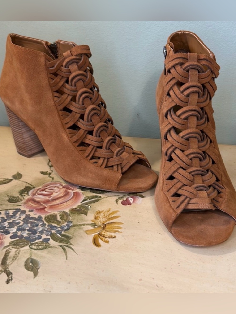 Michael Kors Westley Tan Suede Woven Braided Open Toe Side Zip Ankle Boots